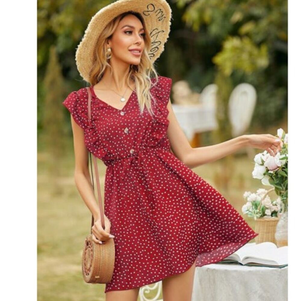 Red polka dot dress sz S pin-up flutter ruffled shoulder’s romantic v-neck chic